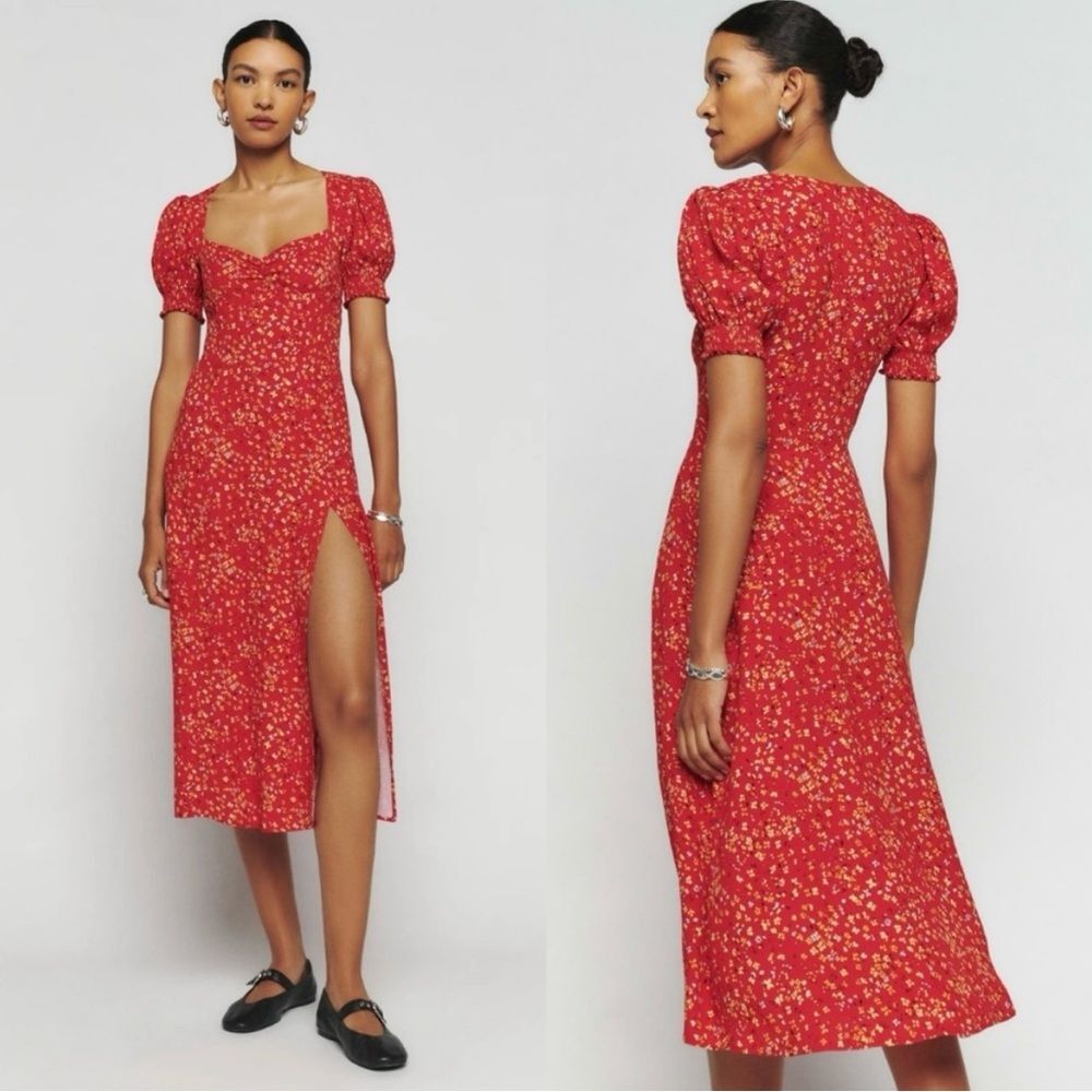 Reformation Lacey Midi Floral Dress in Baila Red Size 4